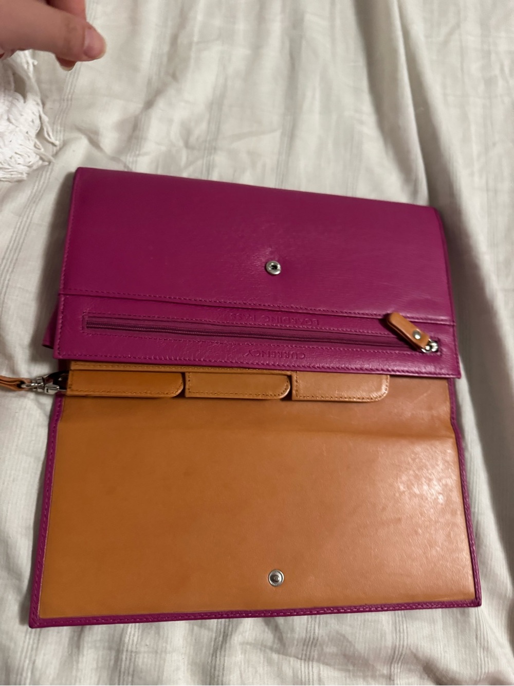EUC DANIER Magenta and Tan Leather Foldover Clutch